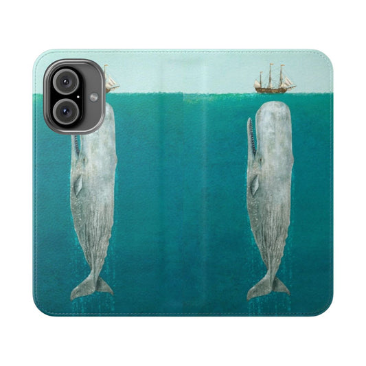 A flip cover phone case featuring a detailed digital illustration of a sperm whale against a blue ocean background with a tall ship in the distance.