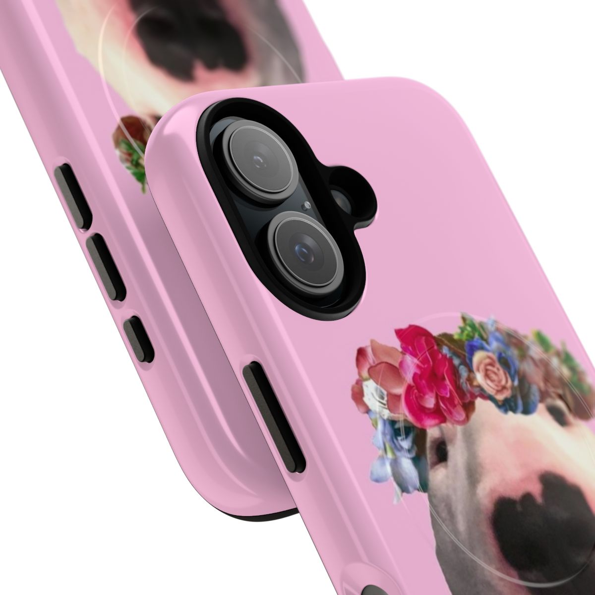 Magnetic phone case featuring a bull terrier dog wearing a flower crown in pink and purple - Detail