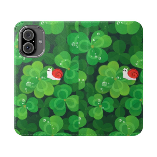 Flip cover phone case featuring a happy, smiling snail surrounded by 4-leaf clovers and other whimsical nature elements