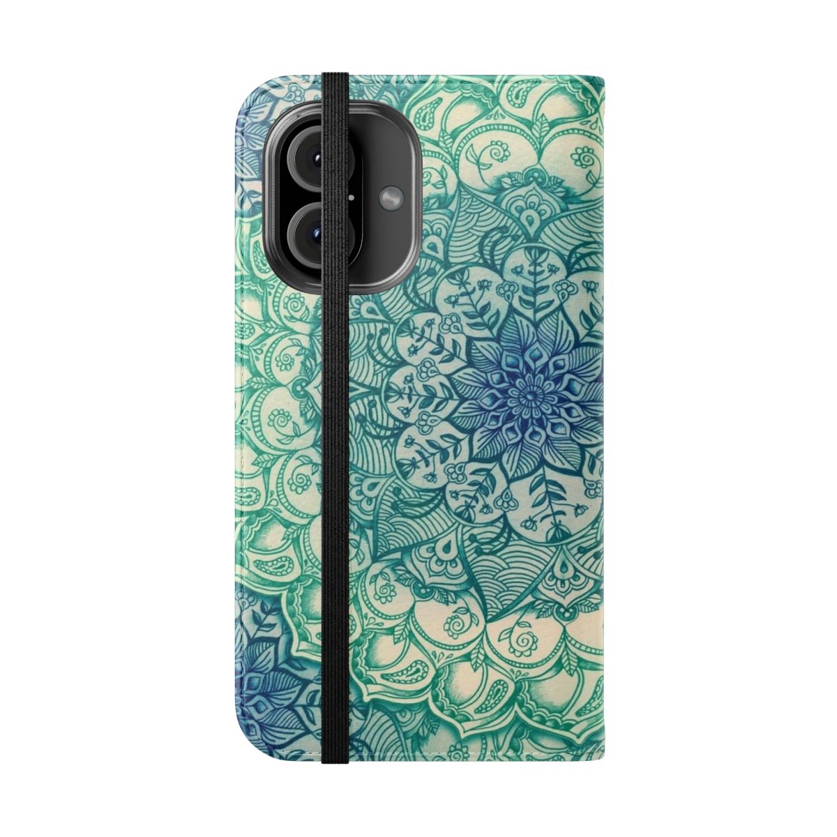 Emerald doodle pattern phone case with a bohemian, zen-inspired design. - Folded Front