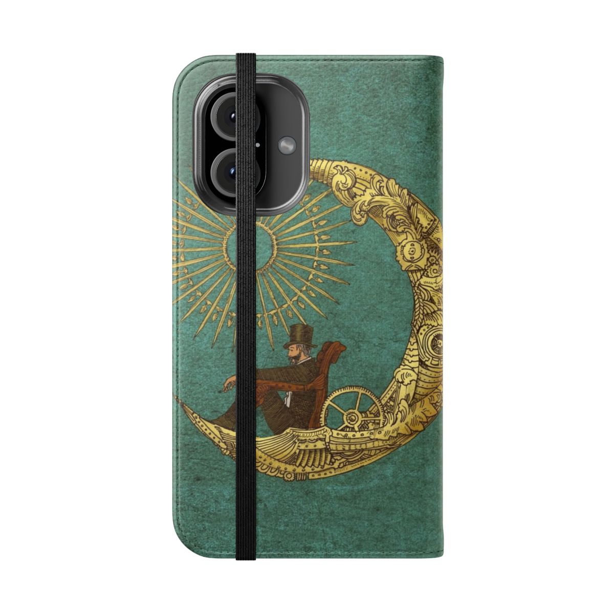 Whimsical digital illustration of a moon and steampunk-inspired flip phone case - Folded Front