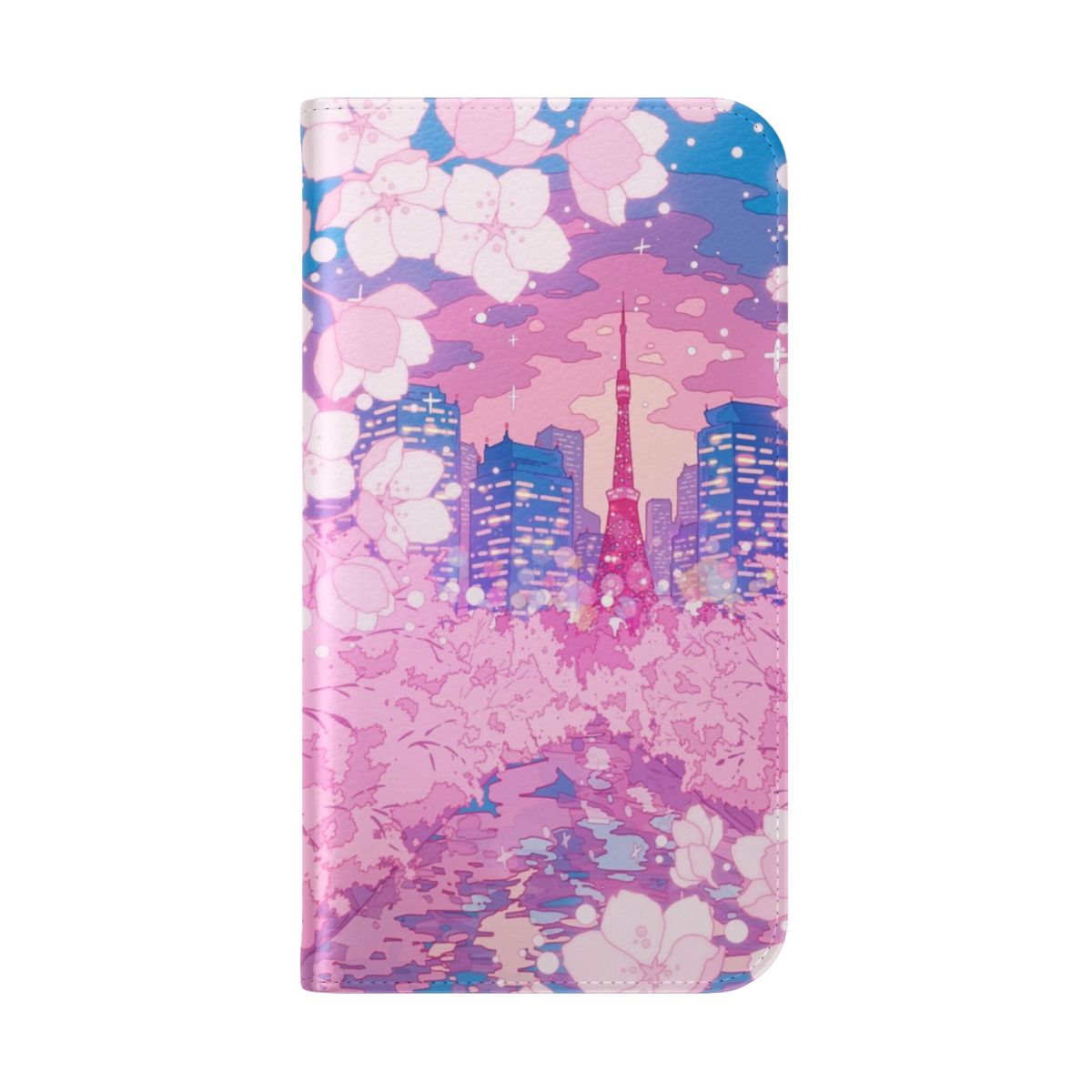 Anime-inspired flip cover phone case featuring a scenic night view of Tokyo's cityscape with a lake and cherry blossoms - Folded Back