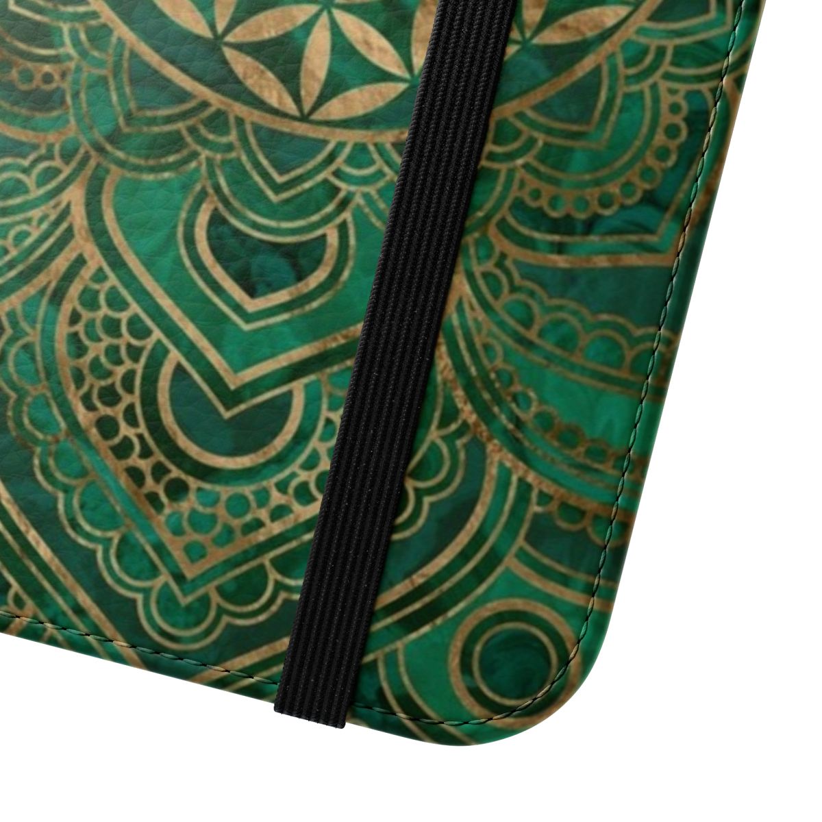 A vibrant malachite and gold phone case featuring a sacred geometry lotus flower design. - Close Up