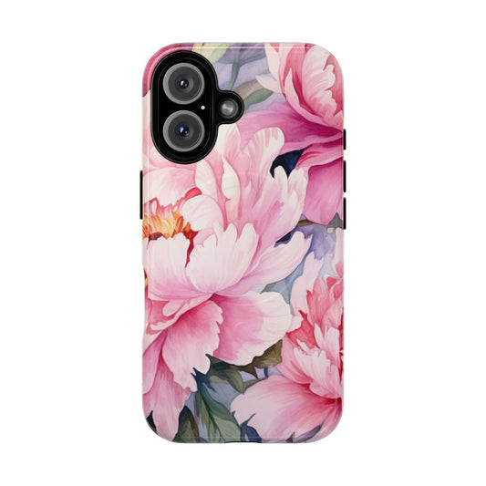 Watercolor painting of pink peonies on a magnetic tough phone case