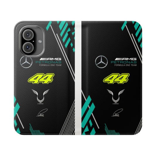 High-Performance Mercedes AMG Inspired Flip Cover Phone Case with Lewis Hamilton's LH44 Logo