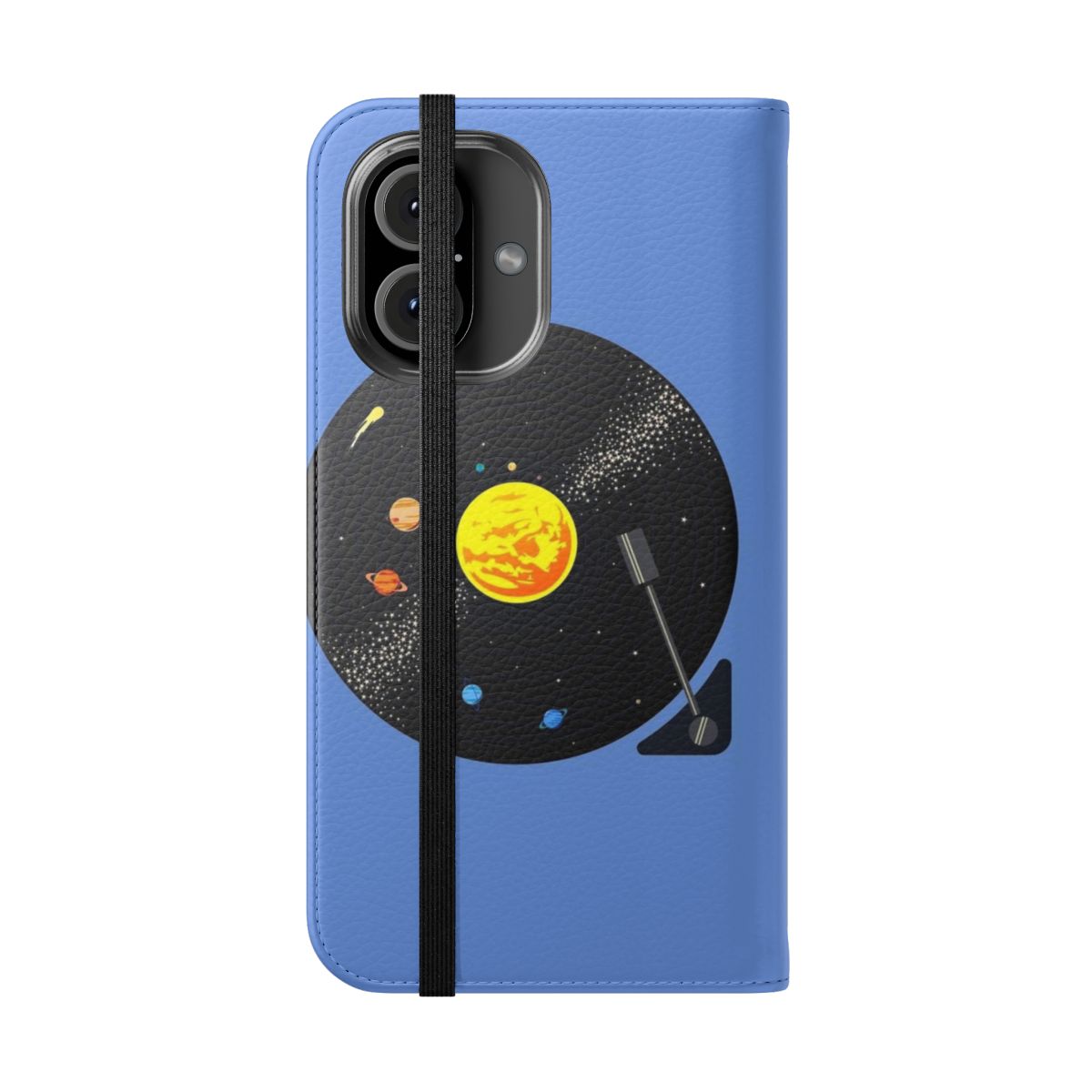 Vibrant solar system design printed on a protective phone case with a flip cover - Folded Front