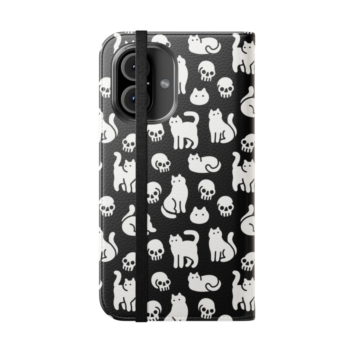 A stylish flip phone case featuring a cute and spooky cat and skull pattern design. - Folded Front