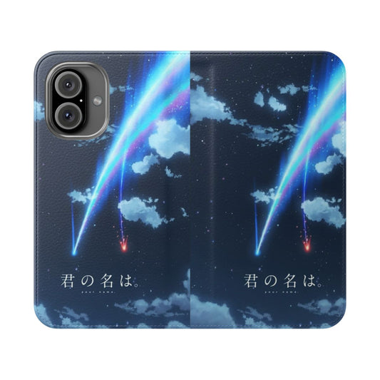 Anime-themed flip cover phone case featuring the popular movie "Your Name" by director Makoto Shinkai.