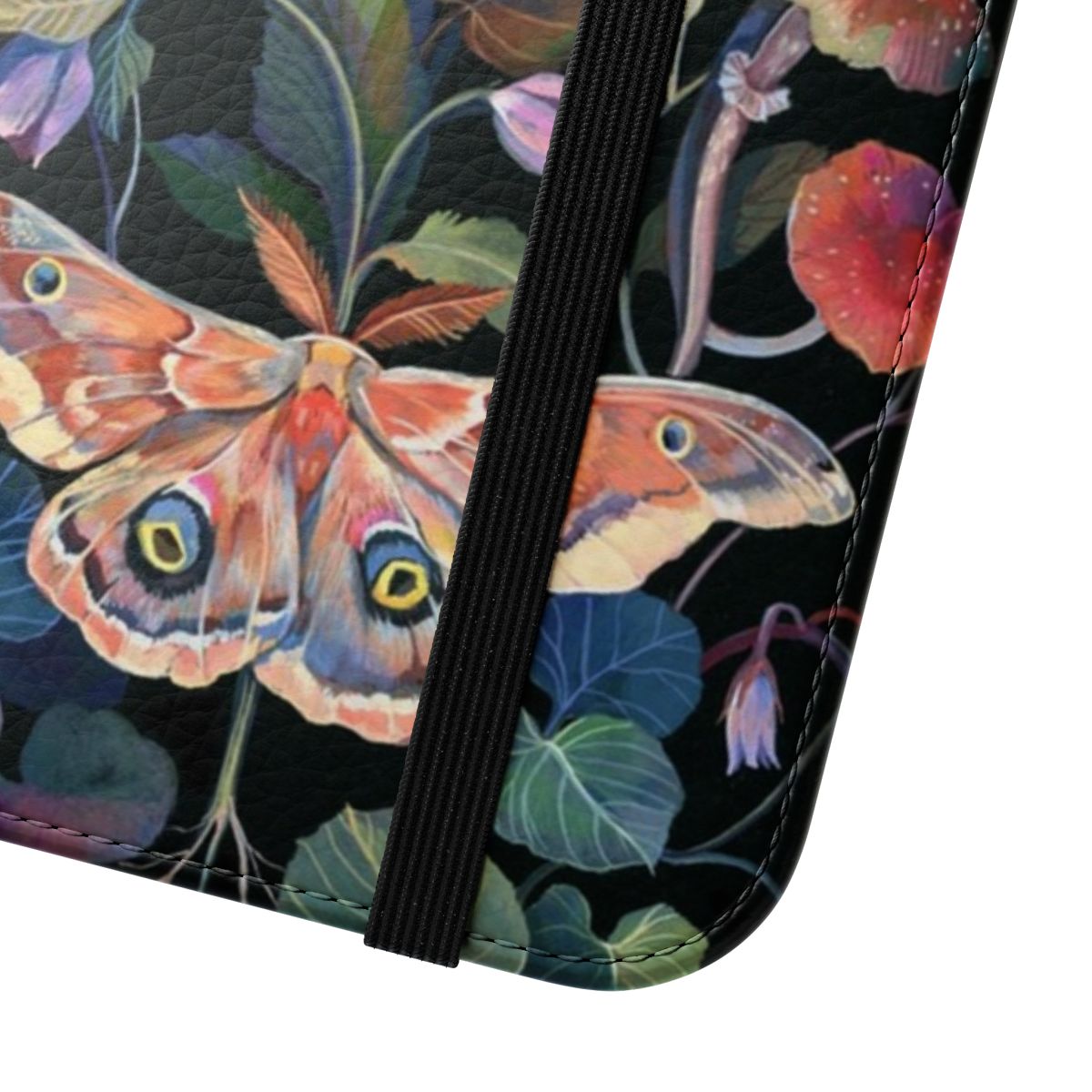 Flip cover phone case featuring a captivating moth illustration in a gouache painting style. - Close Up