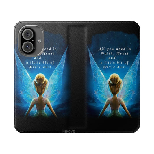 Tinkerbell-themed flip phone case featuring a faith-inspired quote