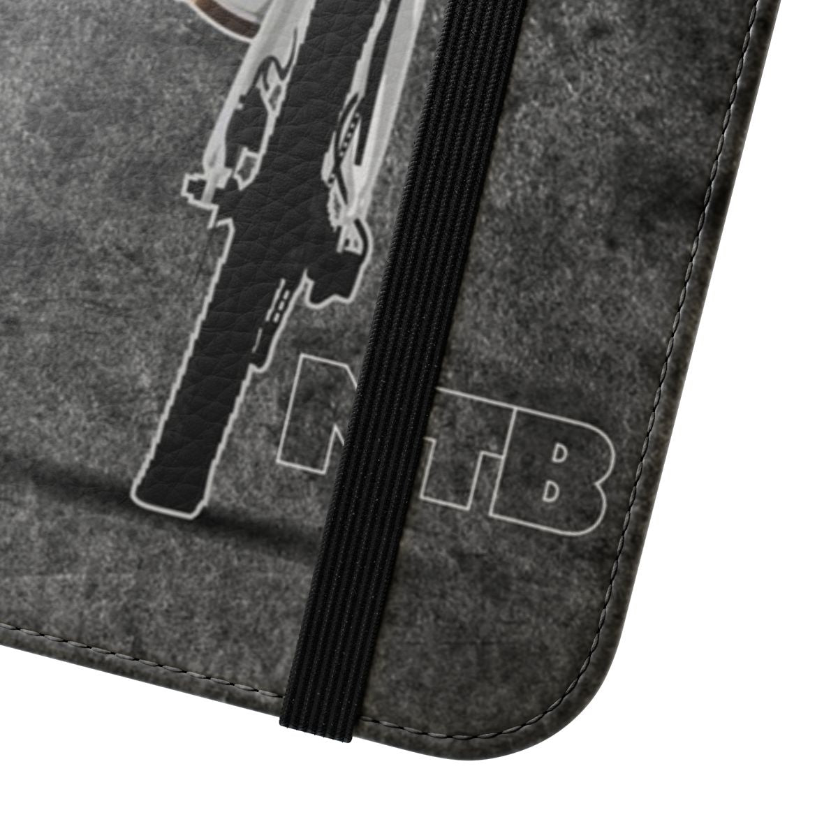 Grunge grey wall flip phone case with mountain bike and cycling graphics - Close Up