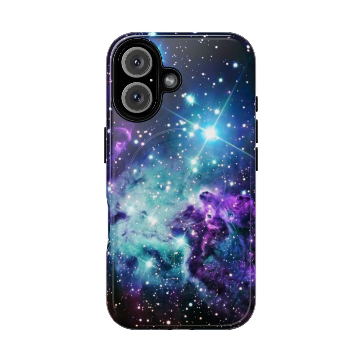 Cosmic galaxy nebula pattern on a teal, turquoise, and purple magnetic tough phone case