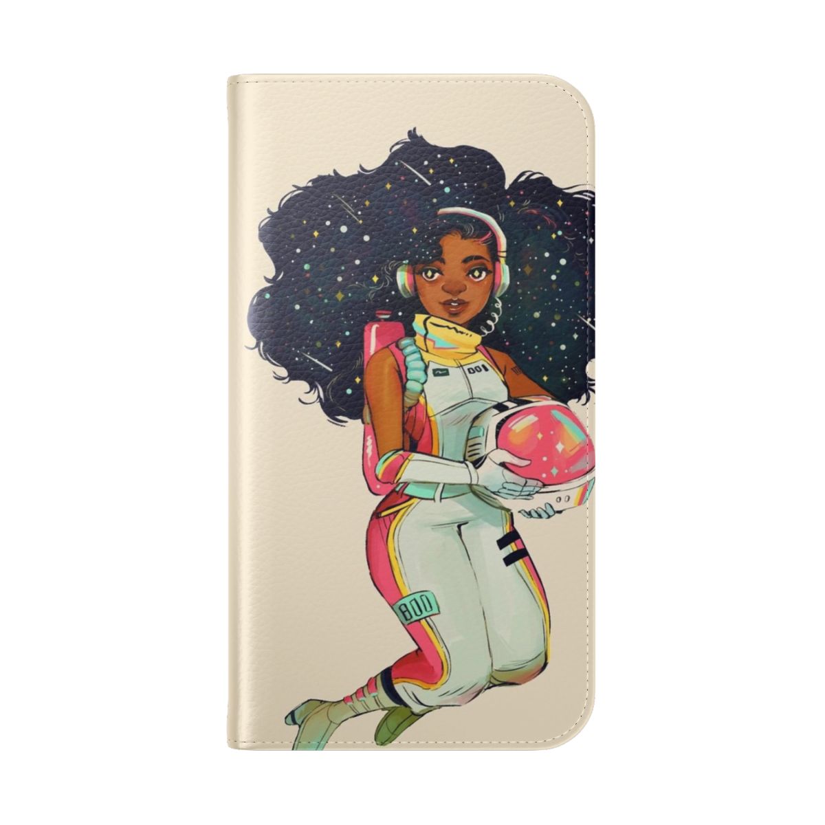 Stylish space-themed phone case with galaxy print and afro astronaut design - Folded Back