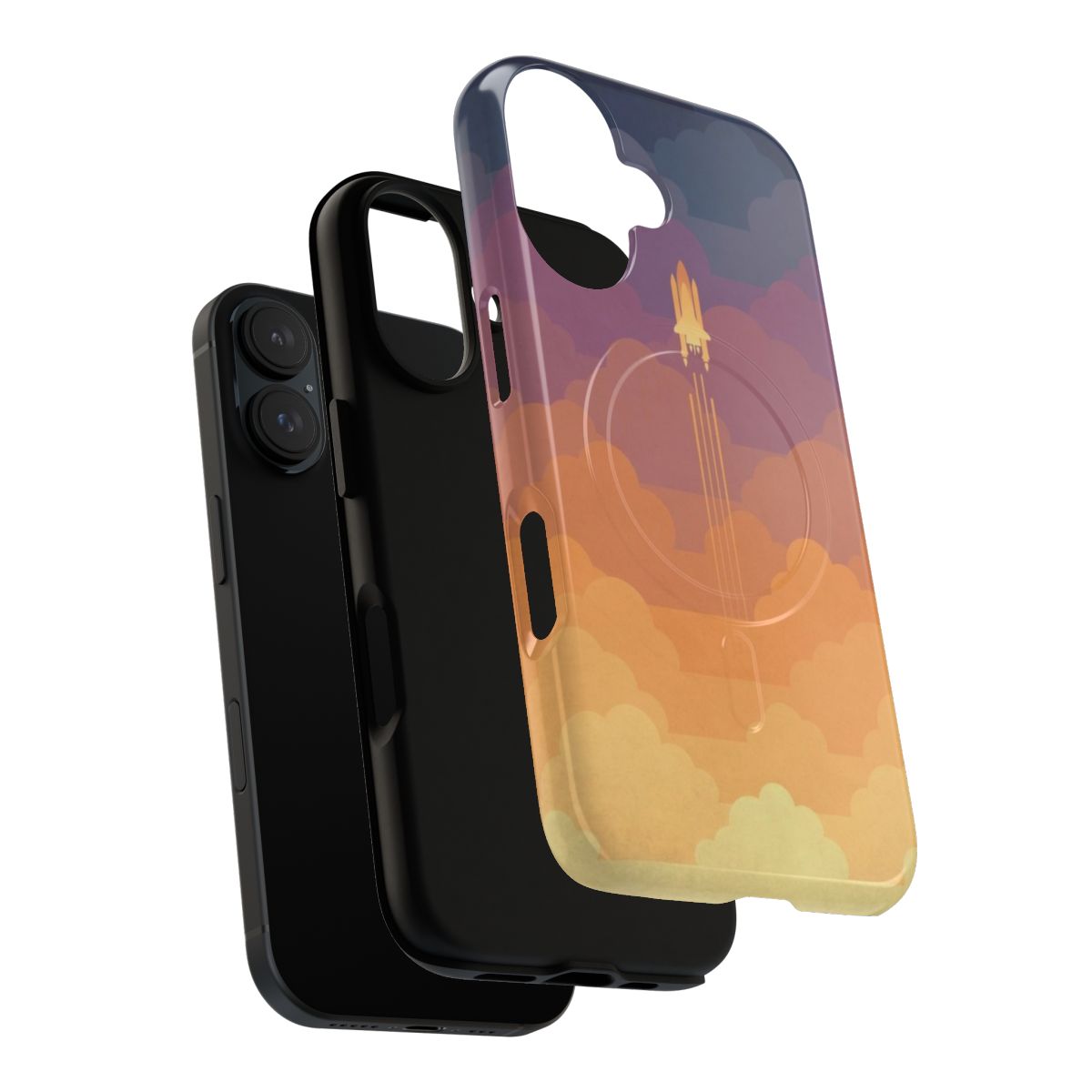 A phone case with an artistic space-themed design featuring clouds, a sunset sky, and a rocket or spaceship. - Layers