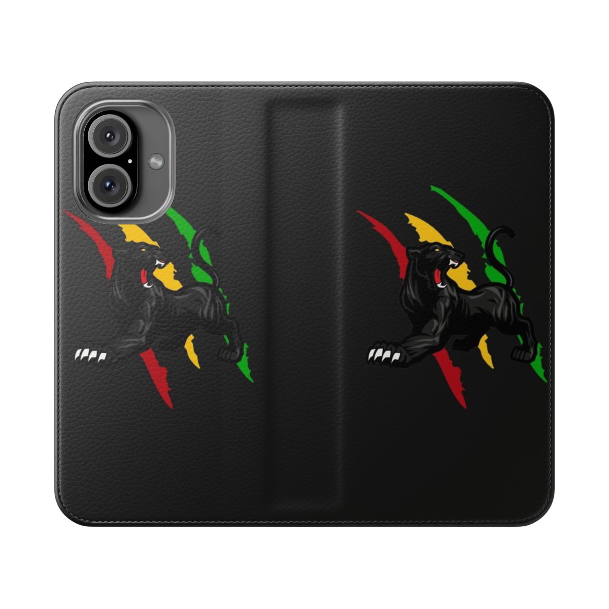 Panther-themed flip cover phone case with fan art design