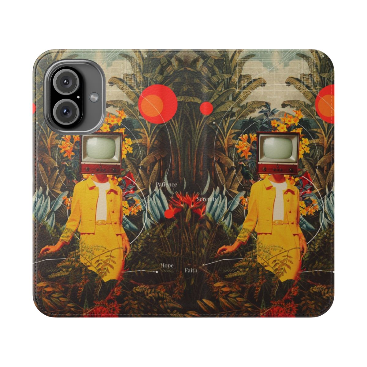 A vintage-style flip cover phone case featuring a surreal digital collage design with botanical elements and a woman in a natural, wilderness-like setting.