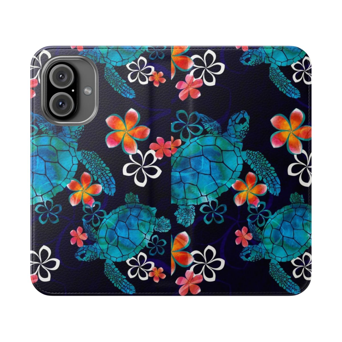 Vibrant watercolor illustration of a sea turtle surrounded by tropical flowers on a phone case