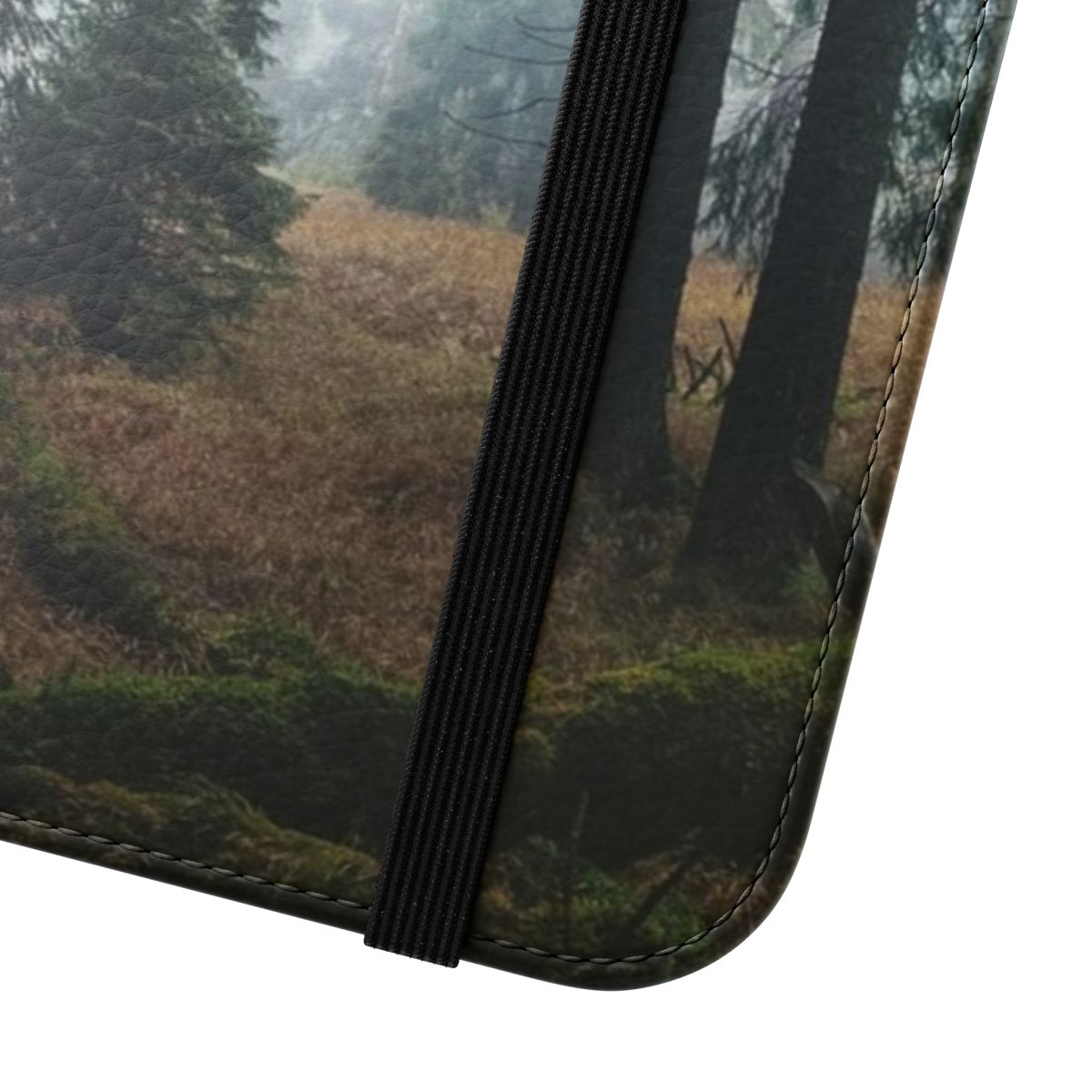 Misty, foggy forest scene with dark trees on a flip cover phone case - Close Up