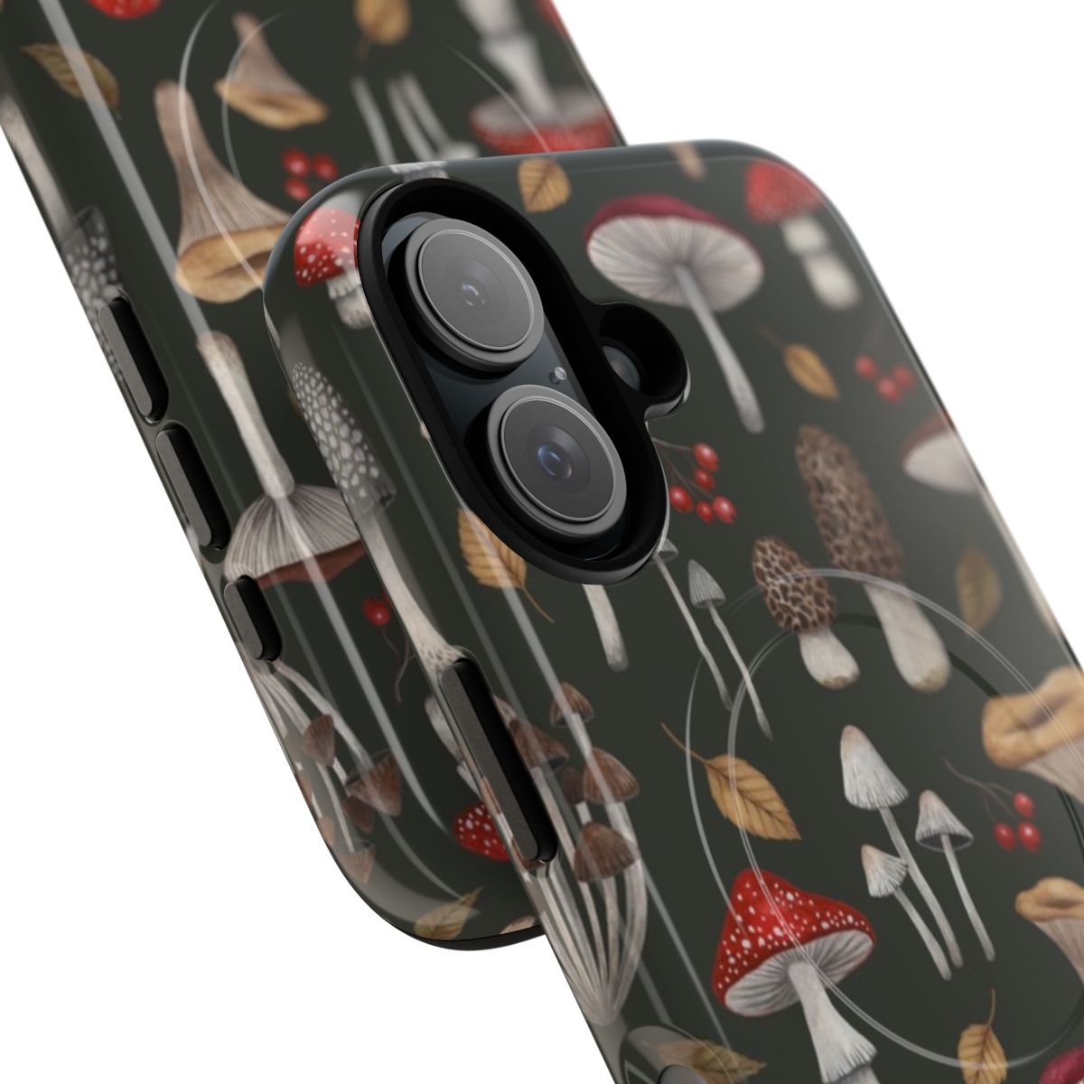 A phone case featuring a whimsical pattern of mushrooms, berries, and autumn leaves in a forested setting. - Detail