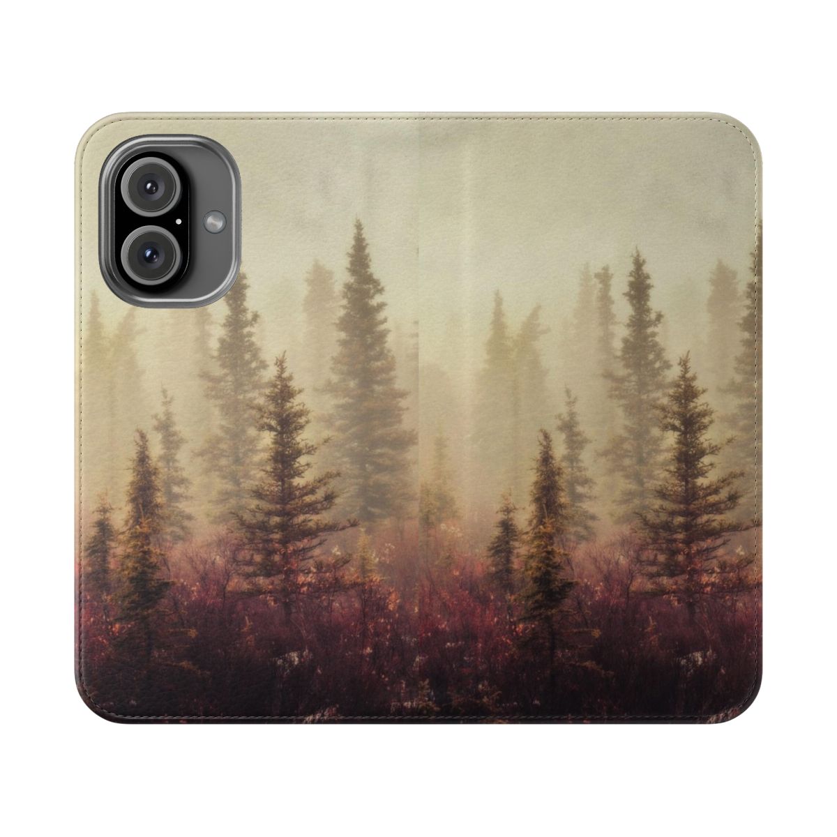 Flip phone case featuring a misty forest scene with trees and greenery