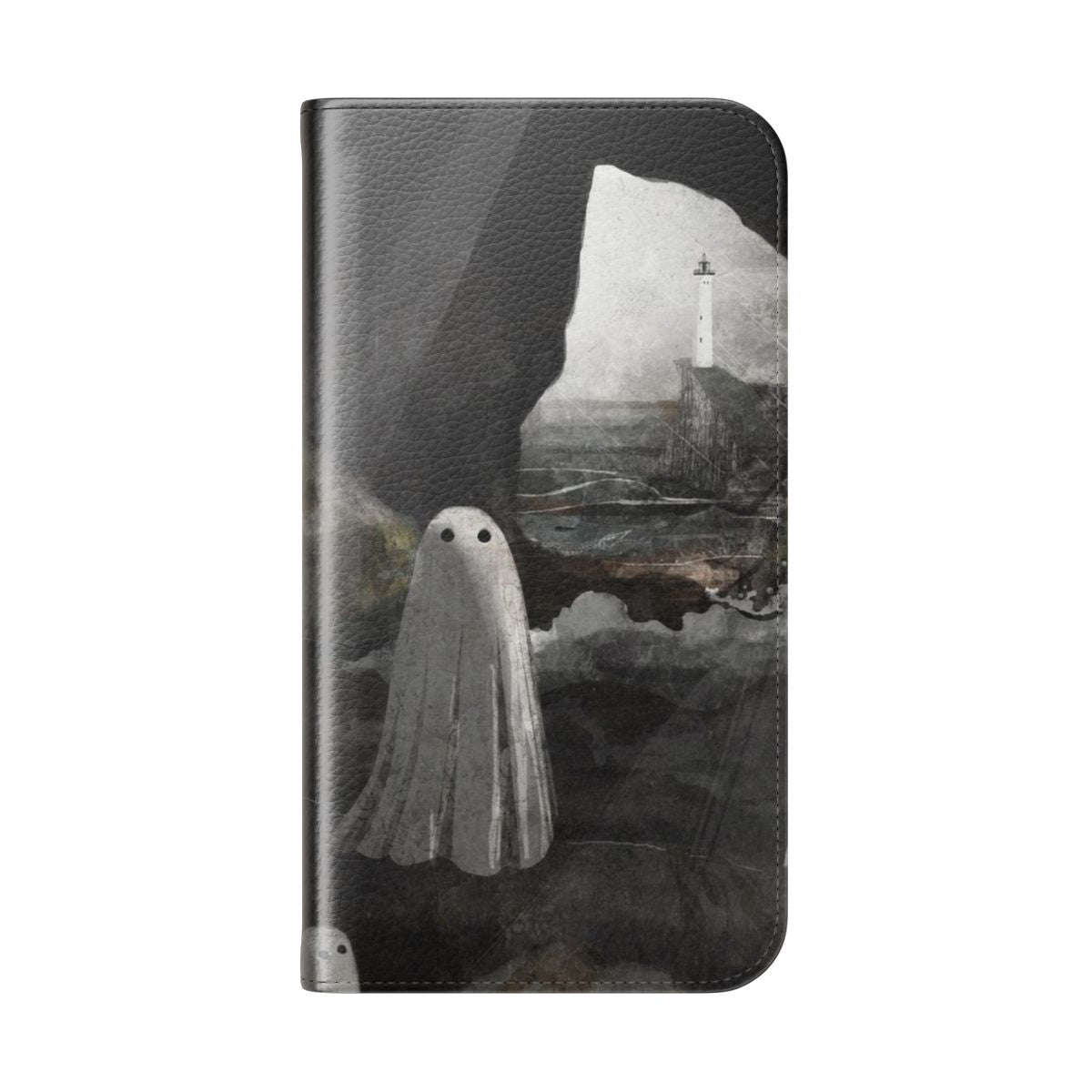 Haunting phone case with a coastal landscape design featuring a lighthouse, rocks, and a stormy ocean background. - Folded Back