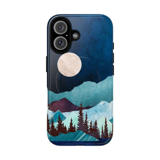 Closeup of a nature-inspired phone case with a dreamy, abstract landscape design