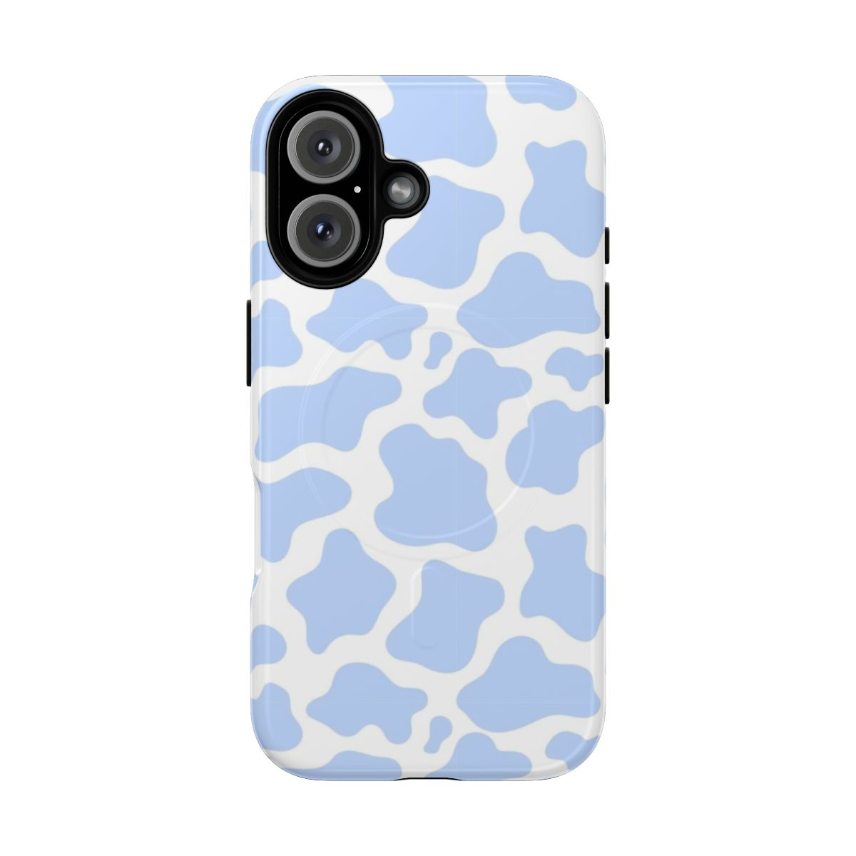 Blue cow print design on a durable, magnetic phone case