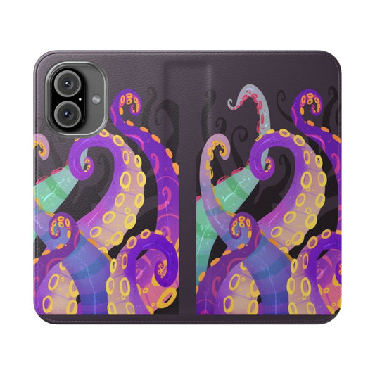 A purple flip cover phone case with a tentacle or octopus design