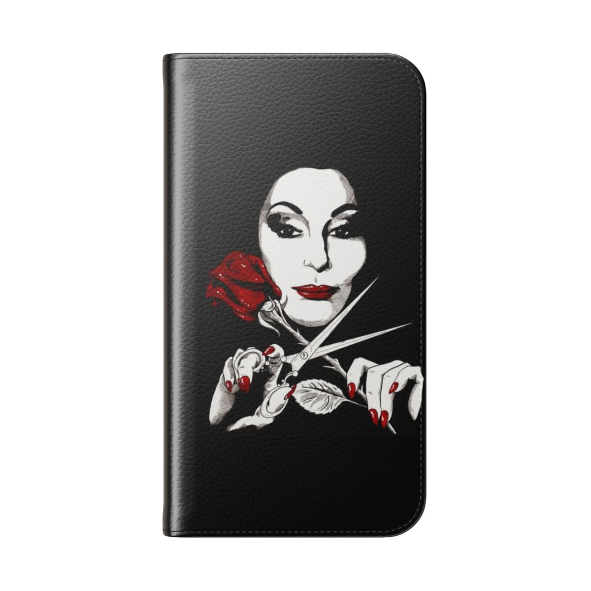 Addams Family inspired flip cover phone case with gothic, dark, and macabre design elements. - Folded Back