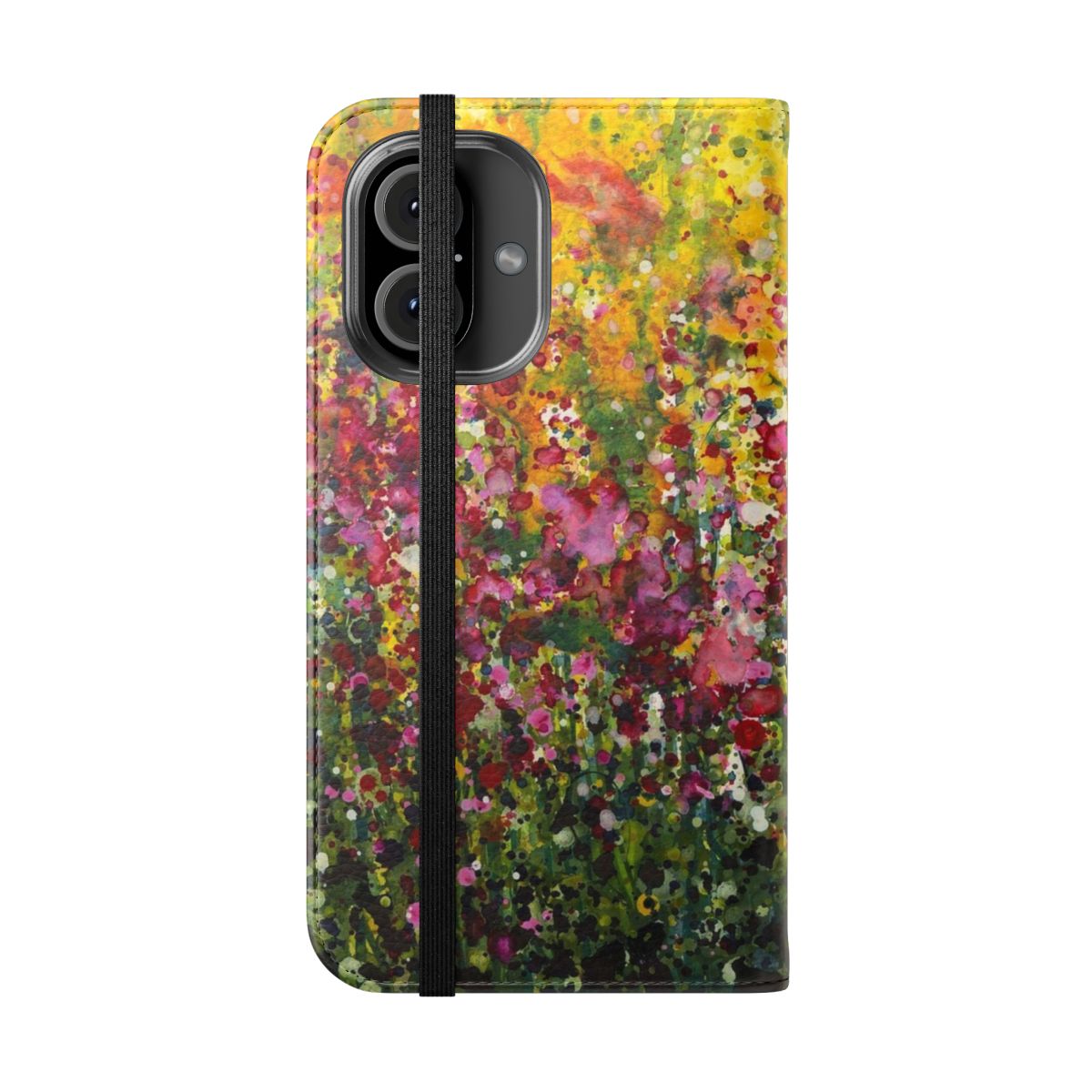 Colorful and artistic flip cover phone case featuring a vibrant floral and wildflower design - Folded Front