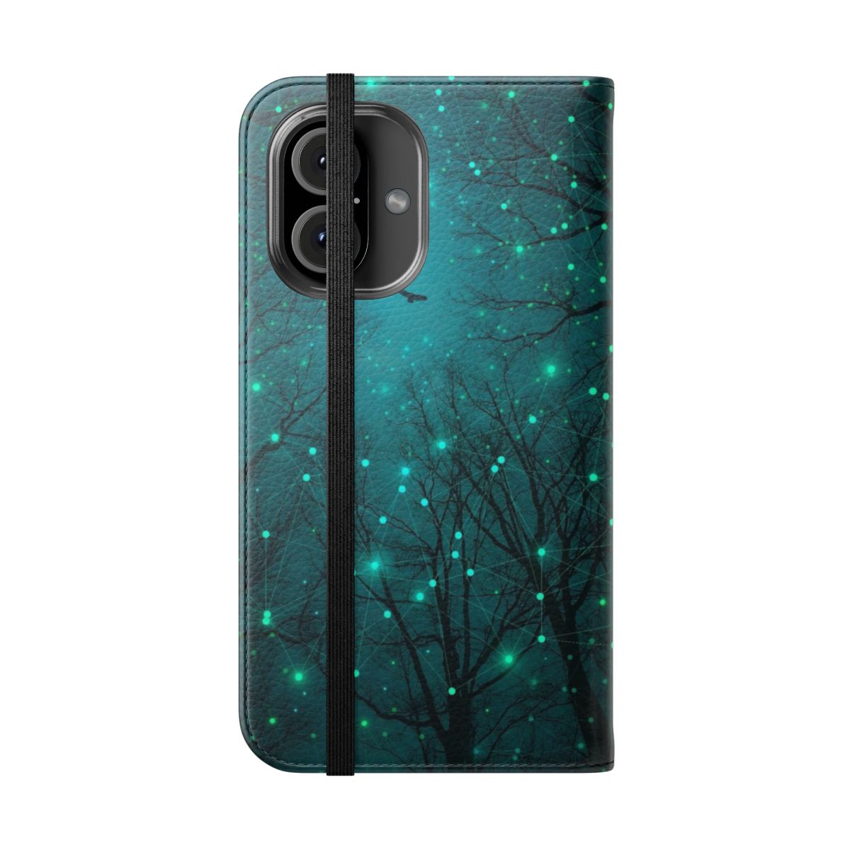 Teal and mint colored phone case with glowing geometric star and constellation patterns. - Folded Front