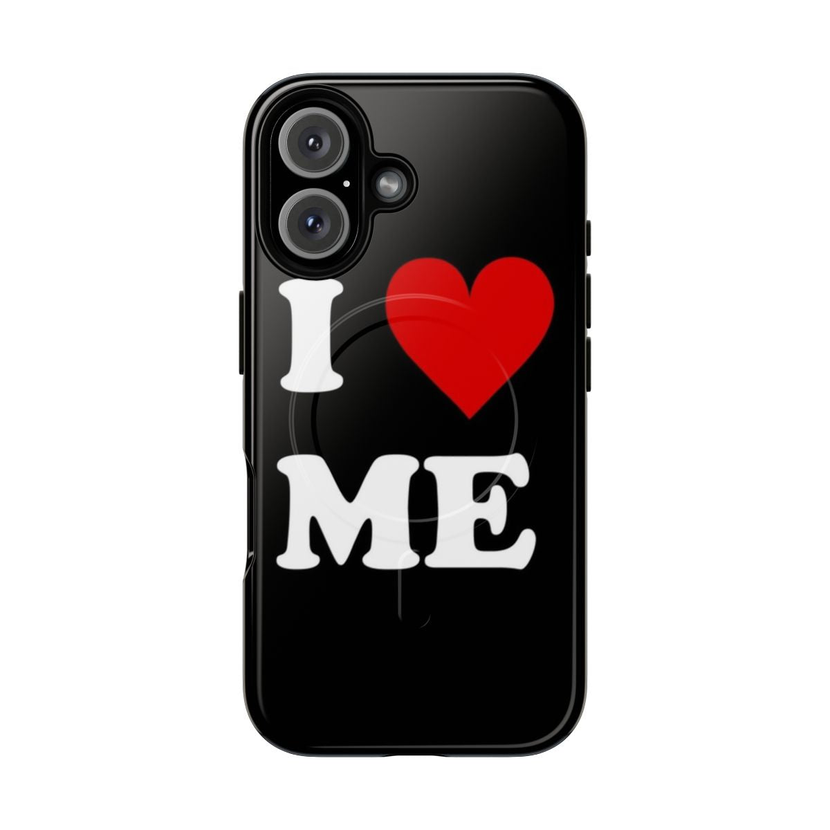 Unique heart-shaped phone case with "I Love Me" design, promoting self-love and confidence.