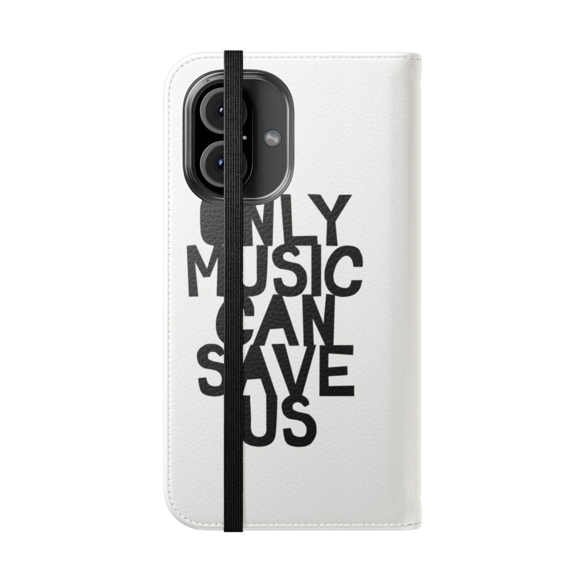 A flip cover phone case with a hand-drawn music-themed graphic design. - Folded Front