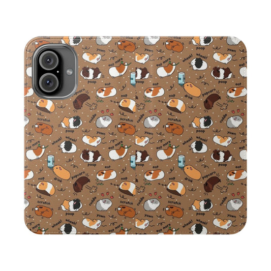 Flip cover phone case with a brown background and a cute guinea pig daily to-do list design.