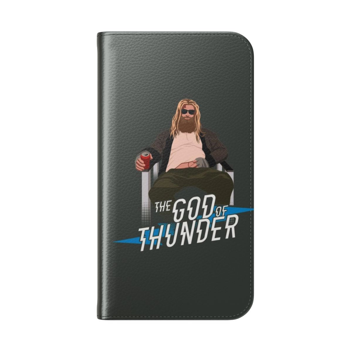 A Thor-inspired flip cover phone case with a humorous, parody design - Folded Back