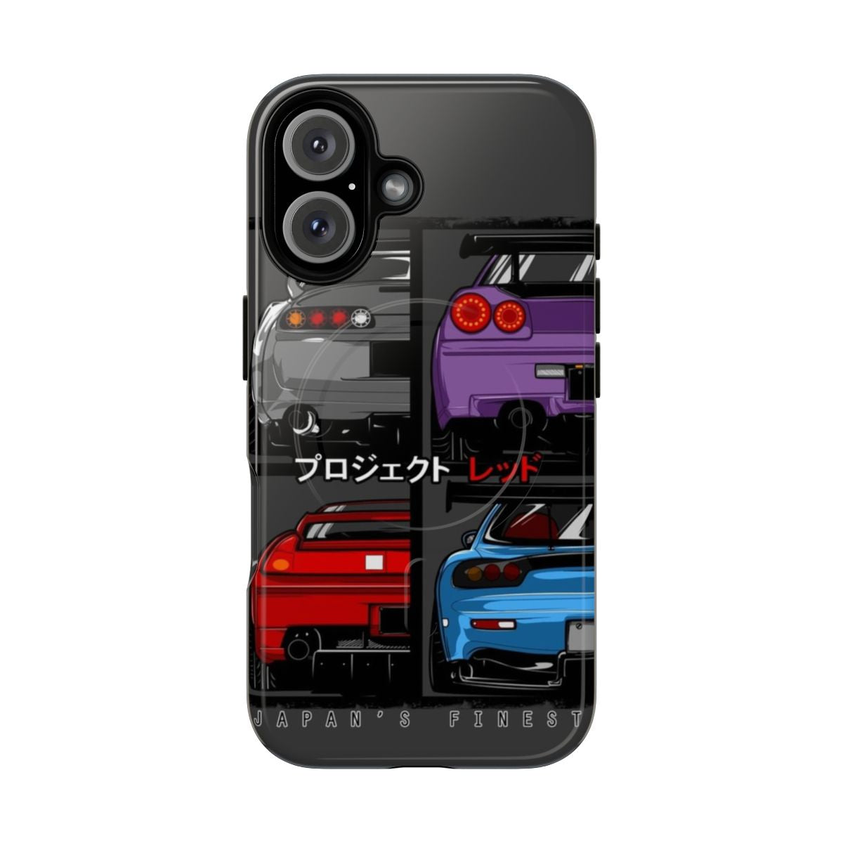 Premium magnetic tough phone case featuring popular Japanese sports cars like the Supra, Skyline, NSX, and RX7