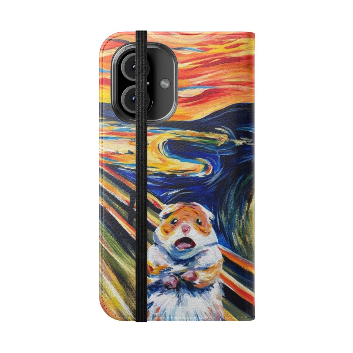 Colorful and quirky phone case featuring an abstract expressionist hamster design - Folded Front