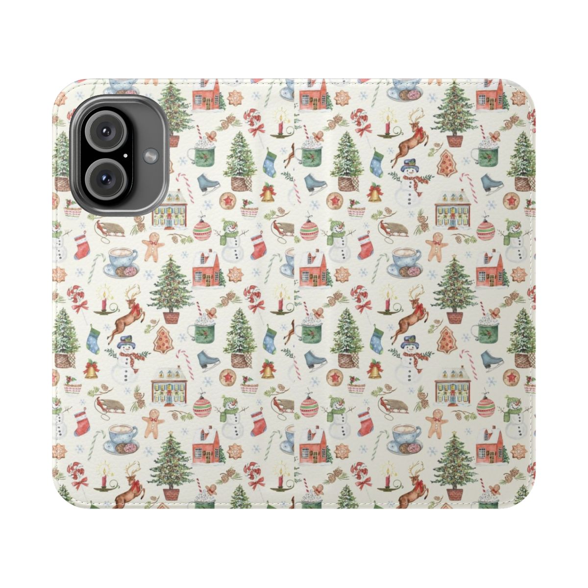 Festive holiday-themed flip cover phone case with images of a bell tree, cookies, ice skates, and other winter elements.