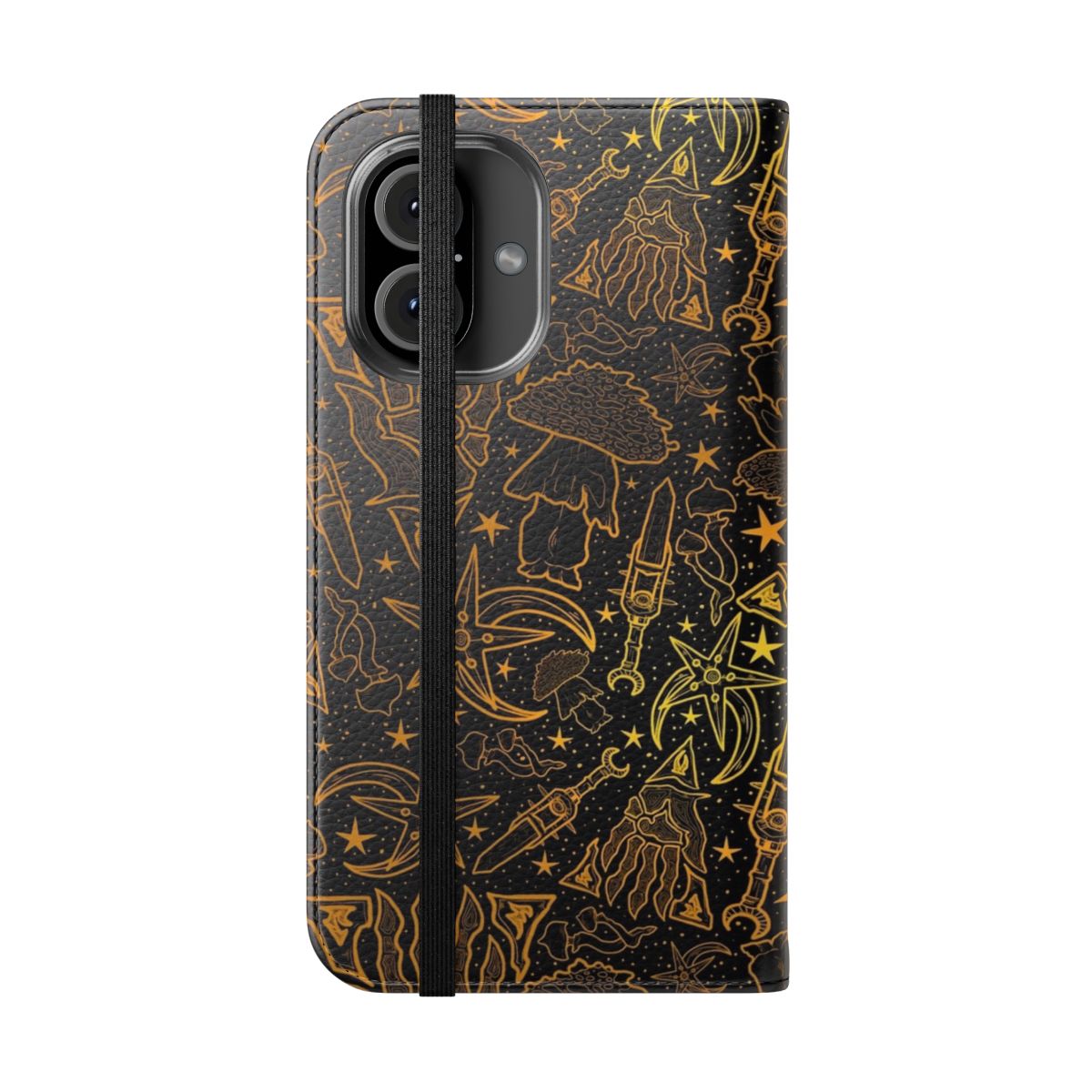 Dunmer-inspired fantasy RPG phone case with Morrowind-themed gold pattern design - Folded Front