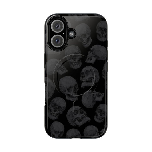 Image of a black phone case with a skull pattern design