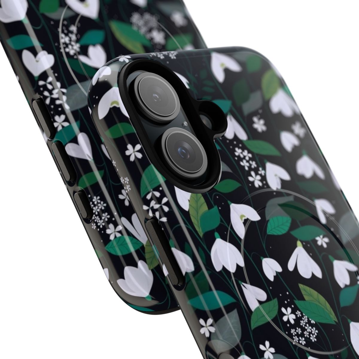 Snowdrop floral pattern on a black phone case with delicate botanical leaves - Detail