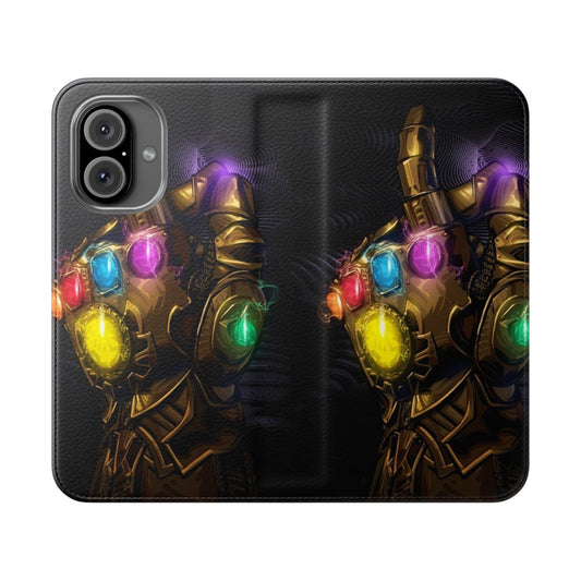 Decimation-themed flip cover phone case featuring Avengers and Marvel Comics design