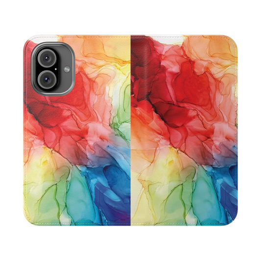 Colorful abstract fluid art and watercolor painting in a rainbow design on a phone case