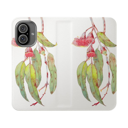 Watercolor painting of the pink and green flowers of the Australian silver princess eucalyptus plant on a phone case.