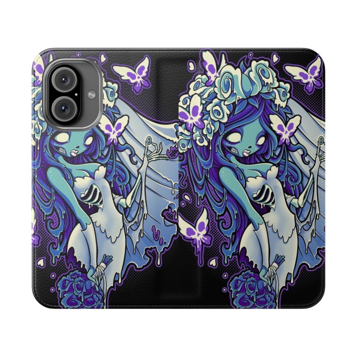 Decaying Dreams Gothic Phone Case featuring a dark skull, butterflies, and dark imagery