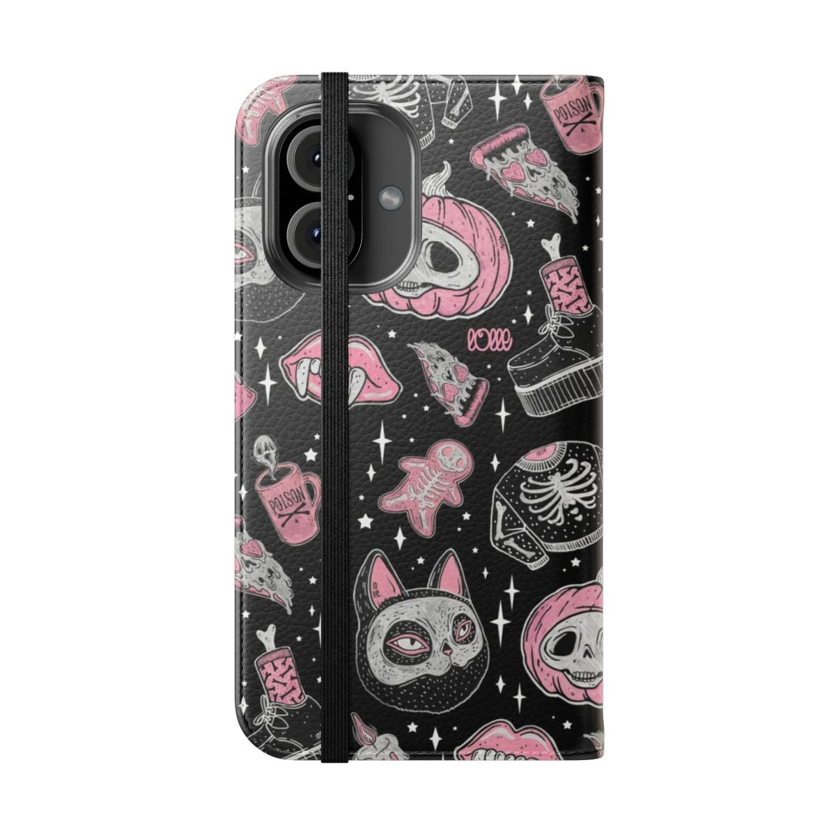 Flip cover phone case with spooky Halloween design featuring pumpkins, skeletons, and horror elements - Folded Front