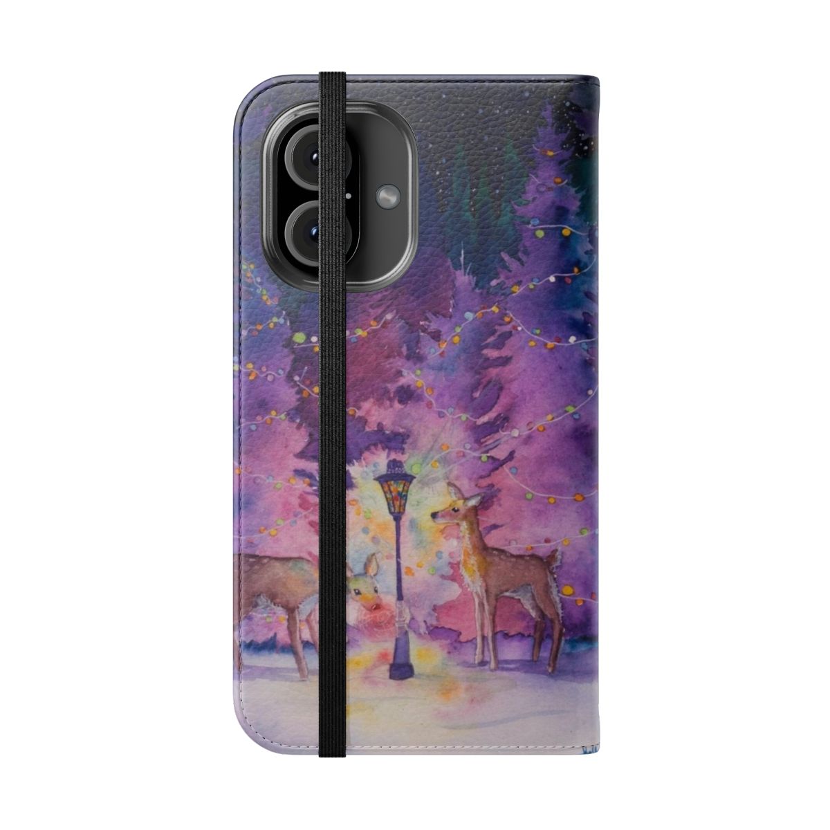 A vibrant and festive flip phone case featuring a dreamy forest scene with reindeer, lights, and snowy accents. - Folded Front