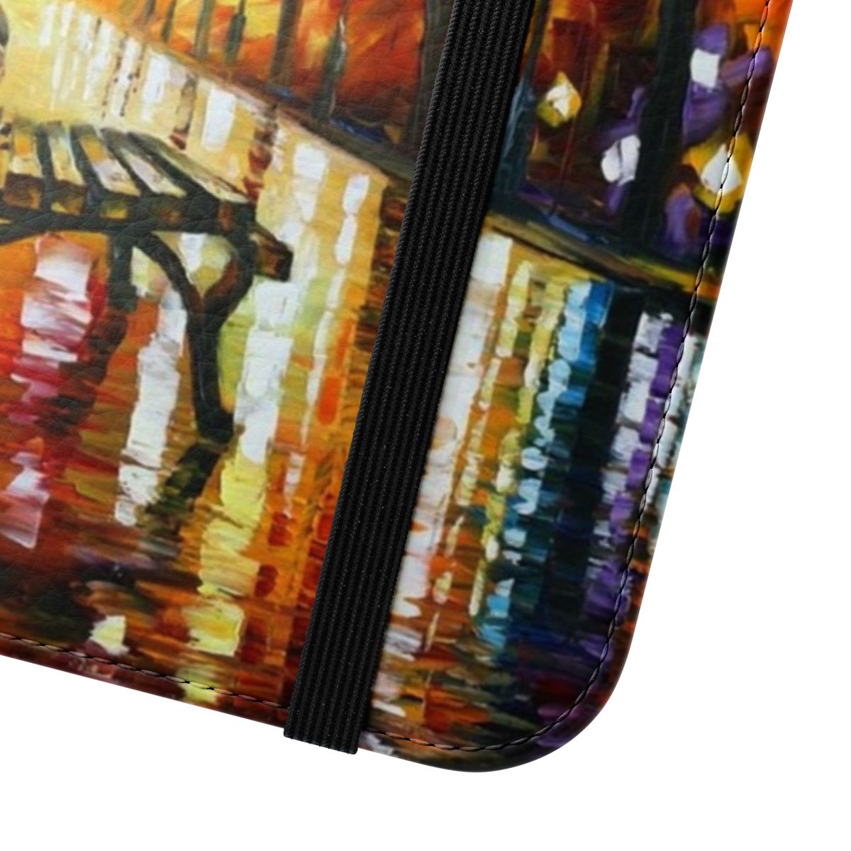 Leonid Afremov-inspired flip cover phone case with a vibrant autumn landscape design - Close Up