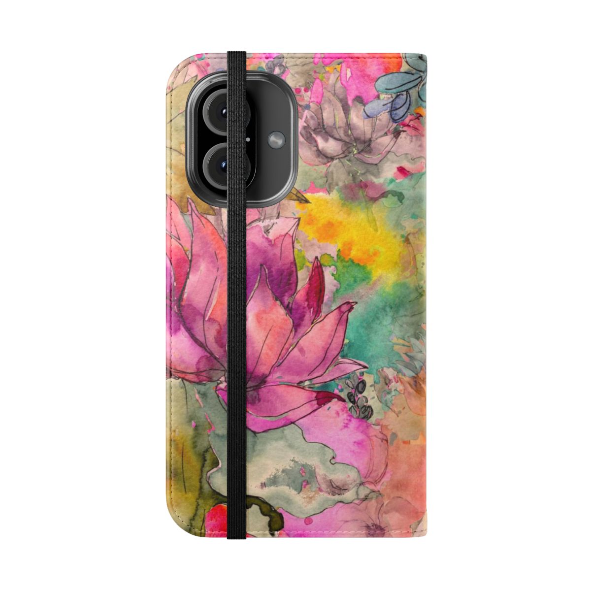 Watercolor floral pattern on a phone case featuring blooming flowers and greenery - Folded Front