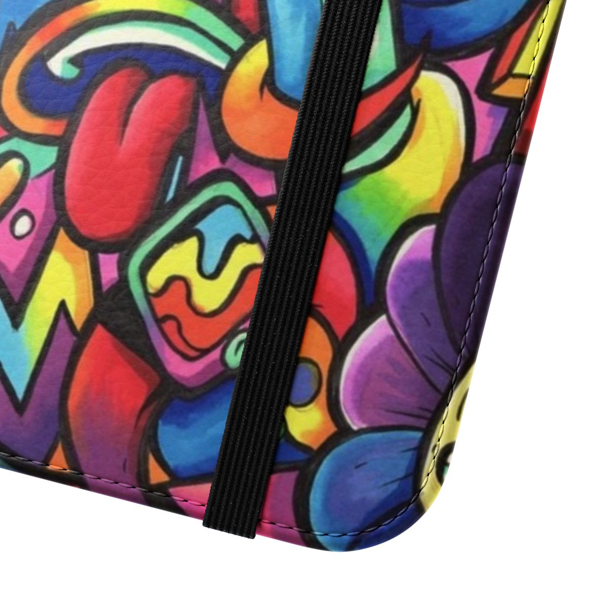 Vibrant galactic-themed doodle design on a flip cover phone case - Close Up